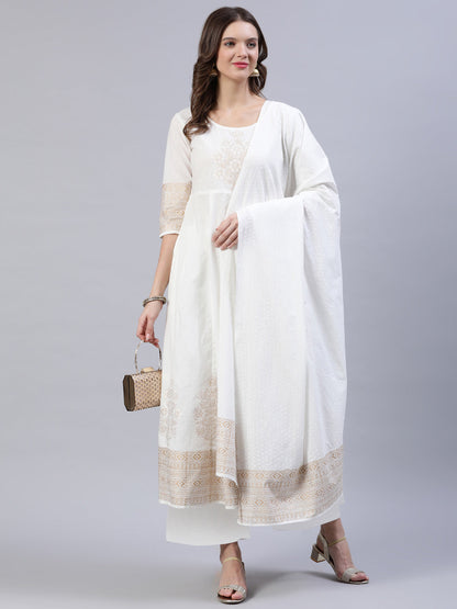 Women's Off-White Block Printed Anarkali Kurta With Palazo & Dupatta