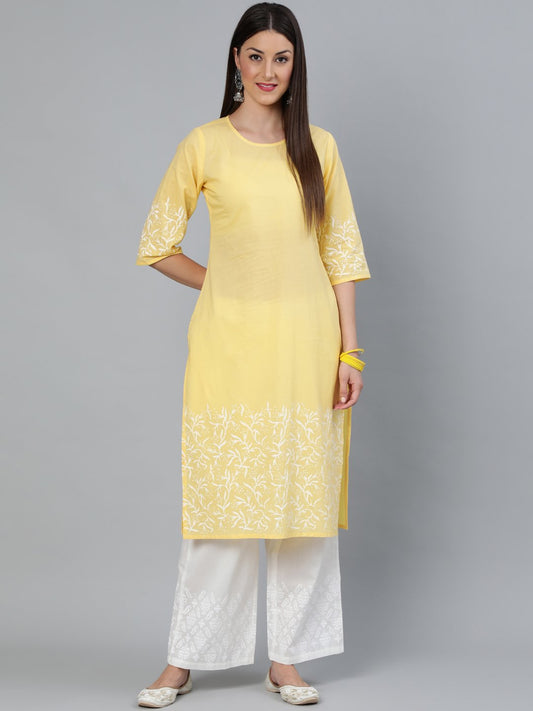 Women's Yellow Block Printed Straight Kurta With Off White Plazo