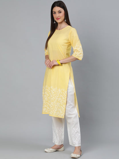 Women's Yellow Block Printed Straight Kurta With Off White Plazo