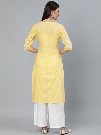 Women's Yellow Block Printed Straight Kurta With Off White Plazo