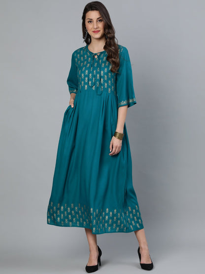 Women's Green & Gold Block Printed Dress With Three Quarter Sleeves
