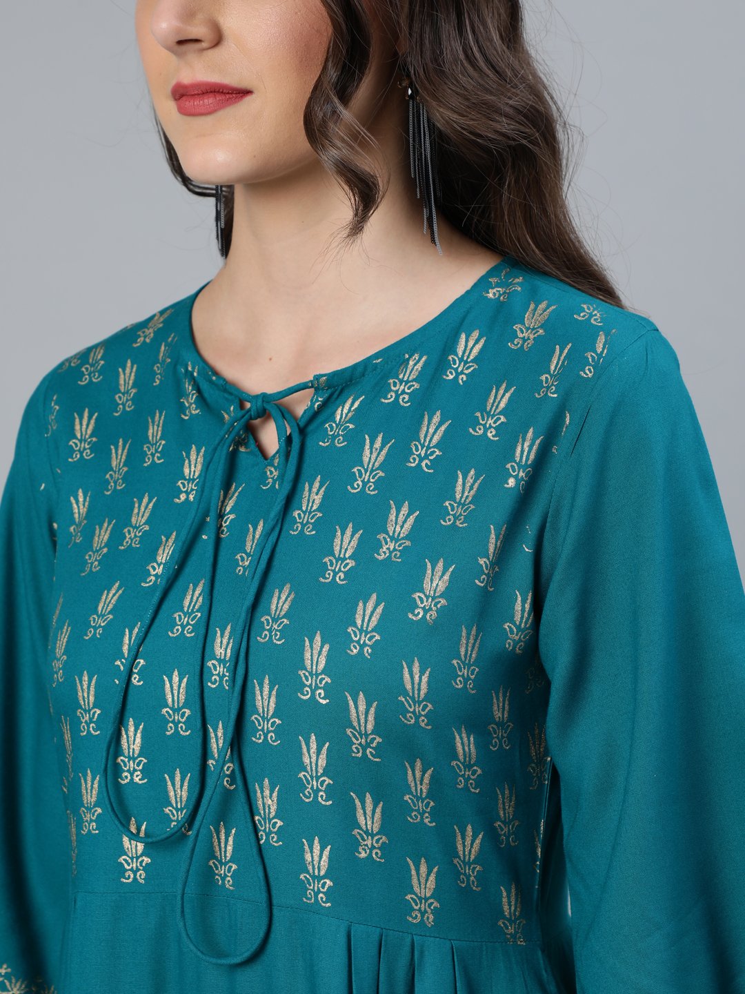 Women's Green & Gold Block Printed Dress With Three Quarter Sleeves