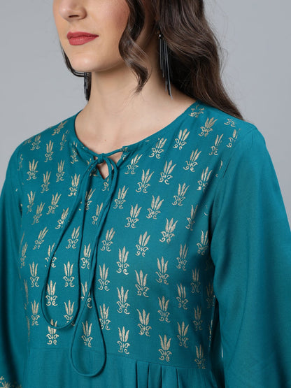 Women's Green & Gold Block Printed Dress With Three Quarter Sleeves