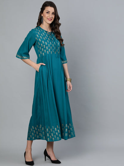 Women's Green & Gold Block Printed Dress With Three Quarter Sleeves