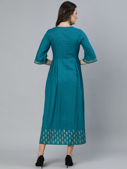 Women's Green & Gold Block Printed Dress With Three Quarter Sleeves