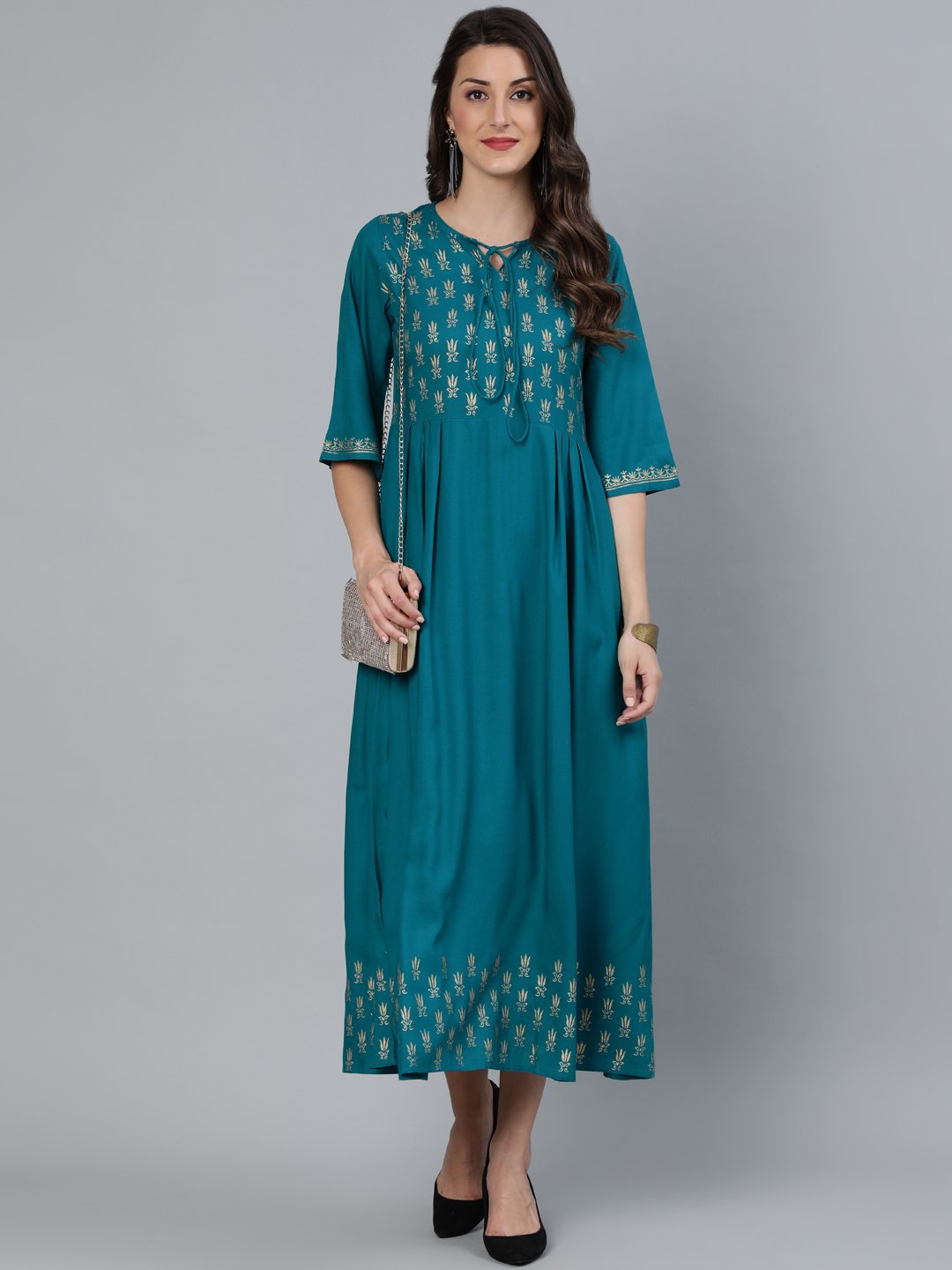Women's Green & Gold Block Printed Dress With Three Quarter Sleeves