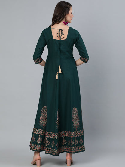 Women's Green & Gold Block Printed Maxi Dress With Three Quarter Sleeves