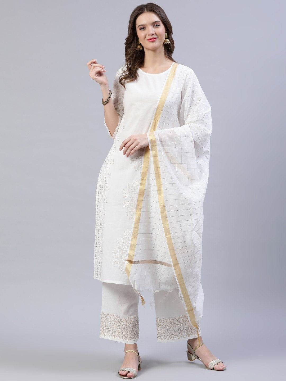 Women's Off-White Block Printed Straight Kurta With Palazo & Dupatta