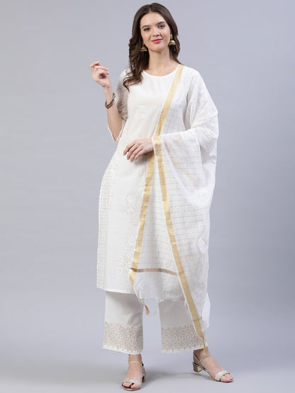 Women's Off-White Block Printed Straight Kurta With Palazo & Dupatta