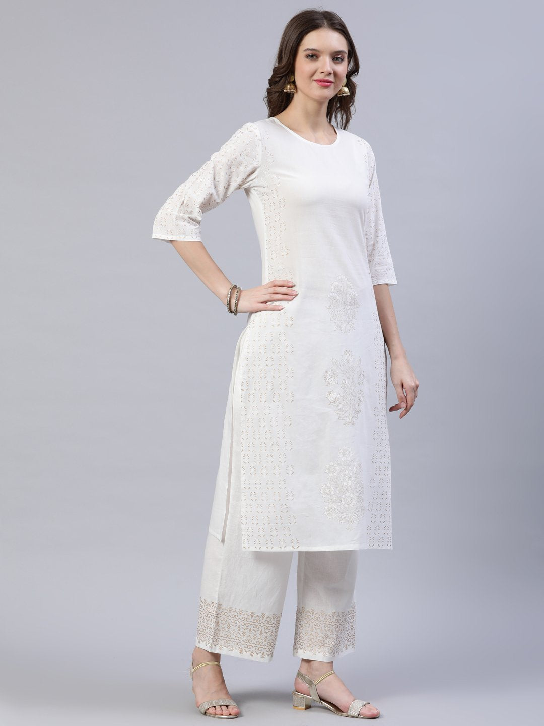 Women's Off-White Block Printed Straight Kurta With Palazo & Dupatta