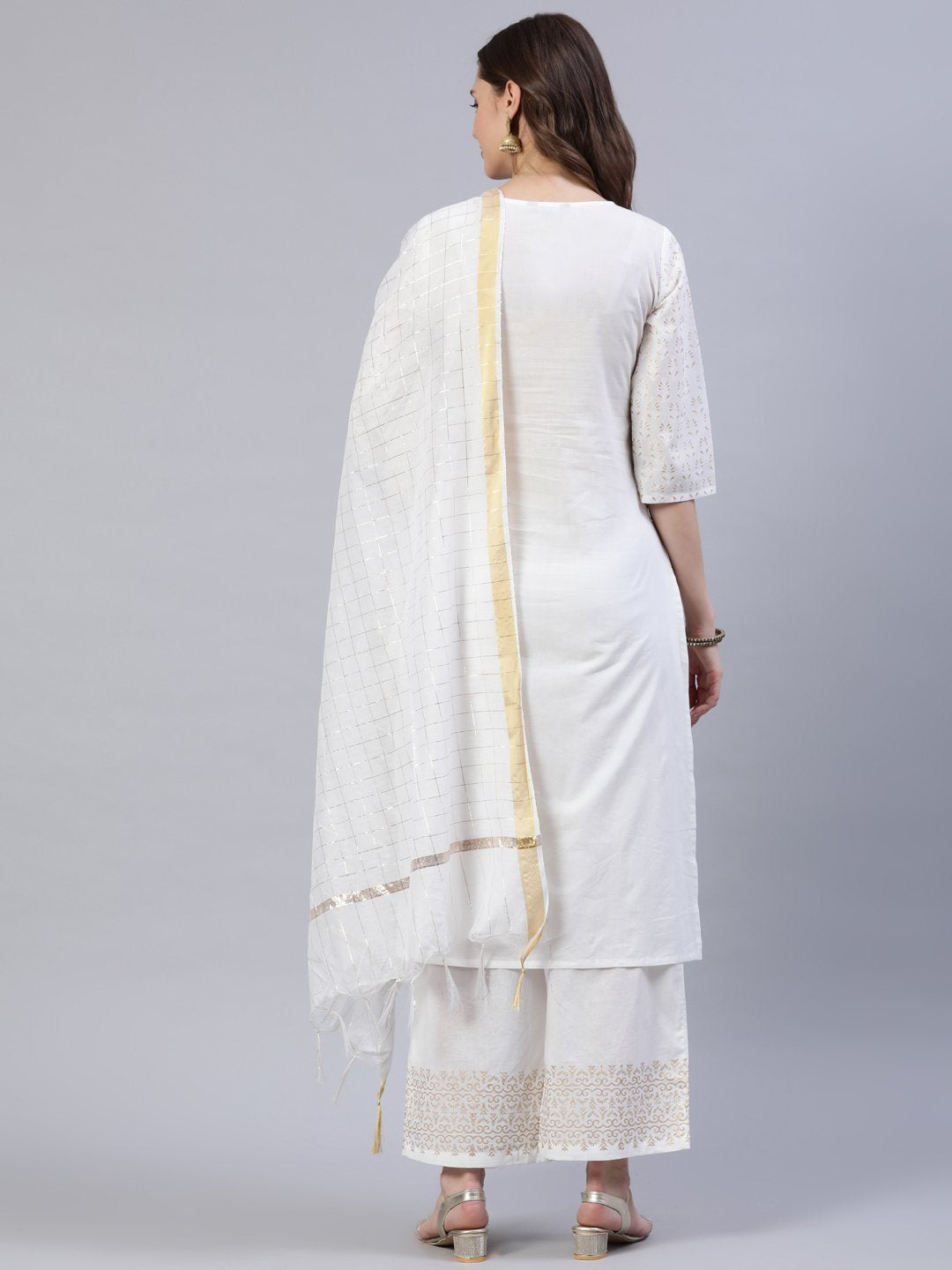 Women's Off-White Block Printed Straight Kurta With Palazo & Dupatta