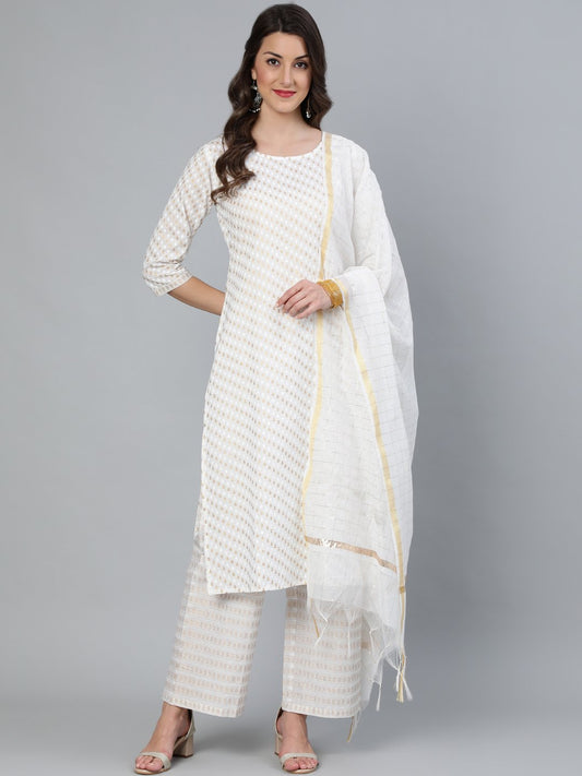Women's Off White & Gold Printed Straight Kurta With Plazo & Dupatta