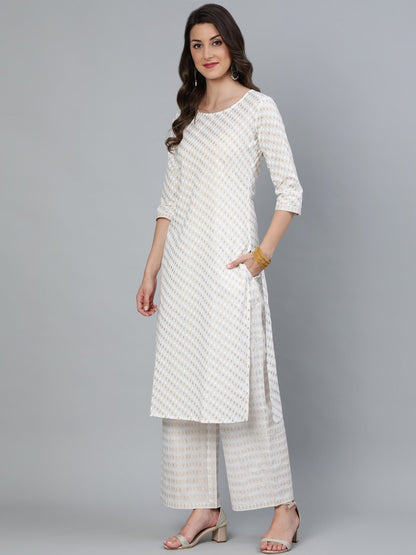 Women's Off White & Gold Printed Straight Kurta With Plazo & Dupatta