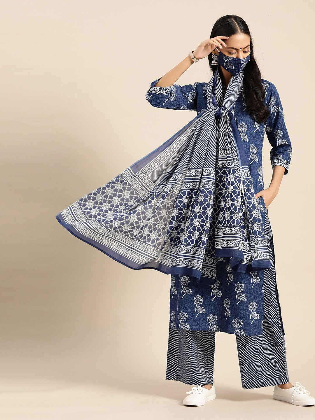 Women's Indigo Three-Quarter Sleeves Straight Kurta With Palazzo & Striped Dupatta