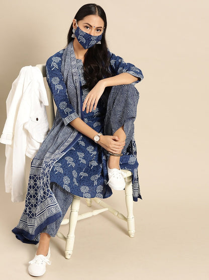 Women's Indigo Three-Quarter Sleeves Straight Kurta With Palazzo & Striped Dupatta