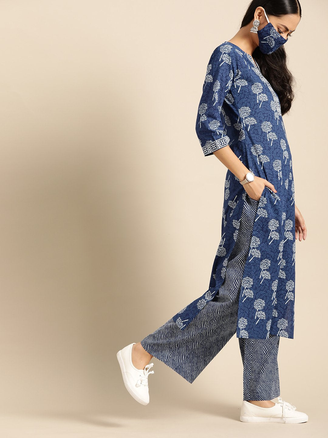 Women's Indigo Three-Quarter Sleeves Straight Kurta With Palazzo & Striped Dupatta