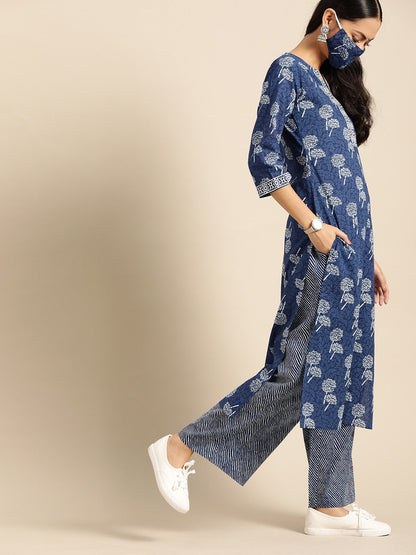 Women's Indigo Three-Quarter Sleeves Straight Kurta With Palazzo & Striped Dupatta