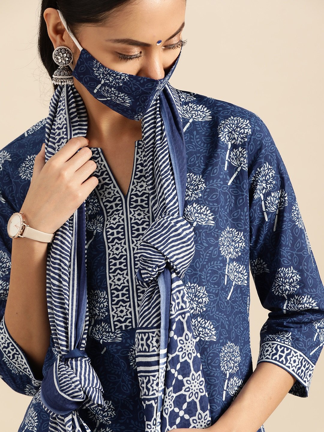 Women's Indigo Three-Quarter Sleeves Straight Kurta With Palazzo & Striped Dupatta
