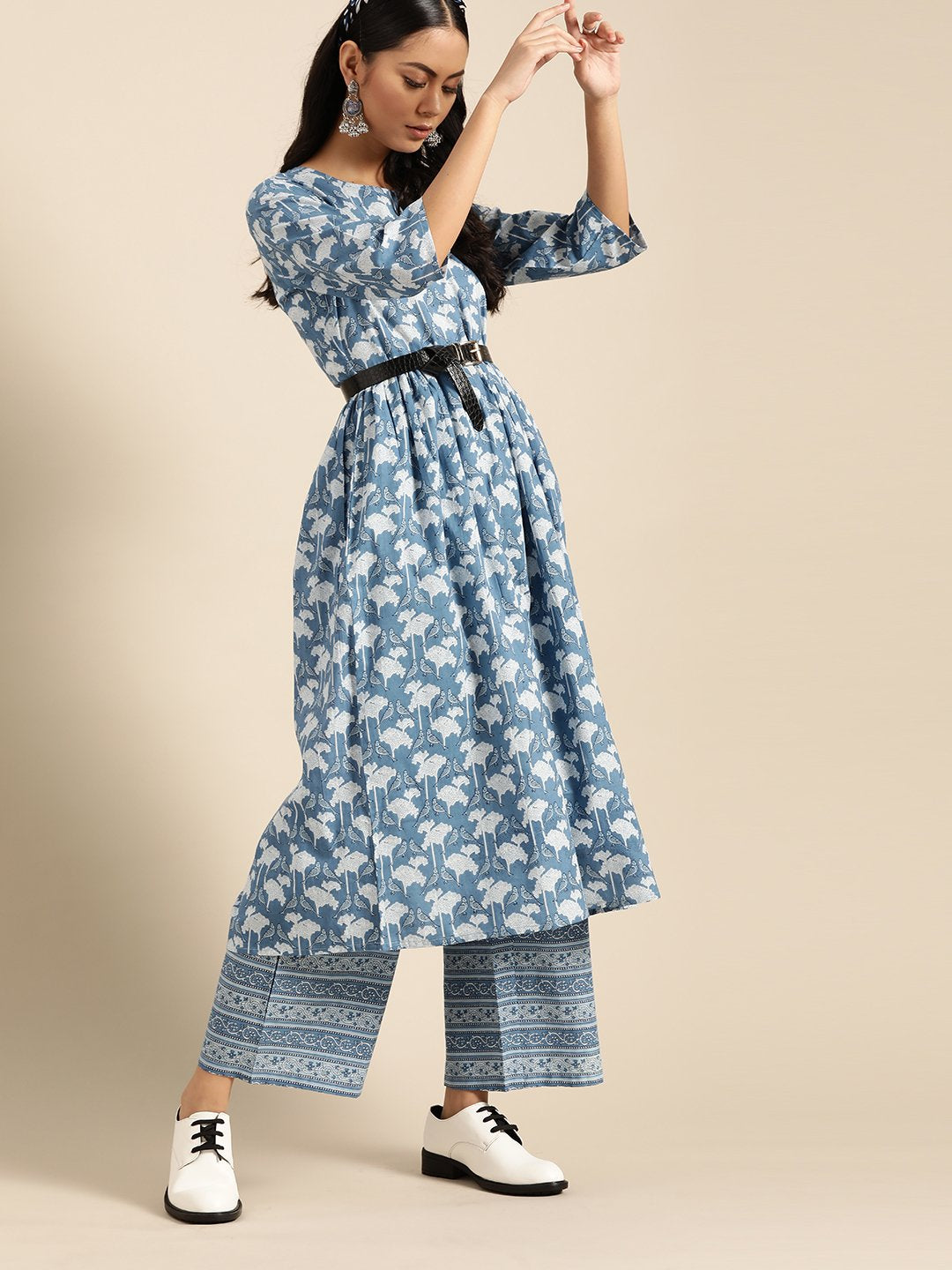 Women's Indigo Three-Quarter Sleeves Straight Kurta With Palazzo