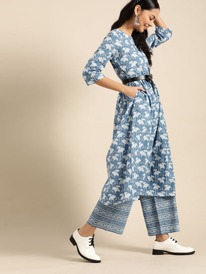 Women's Indigo Three-Quarter Sleeves Straight Kurta With Palazzo