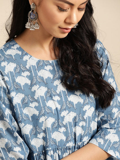 Women's Indigo Three-Quarter Sleeves Straight Kurta With Palazzo