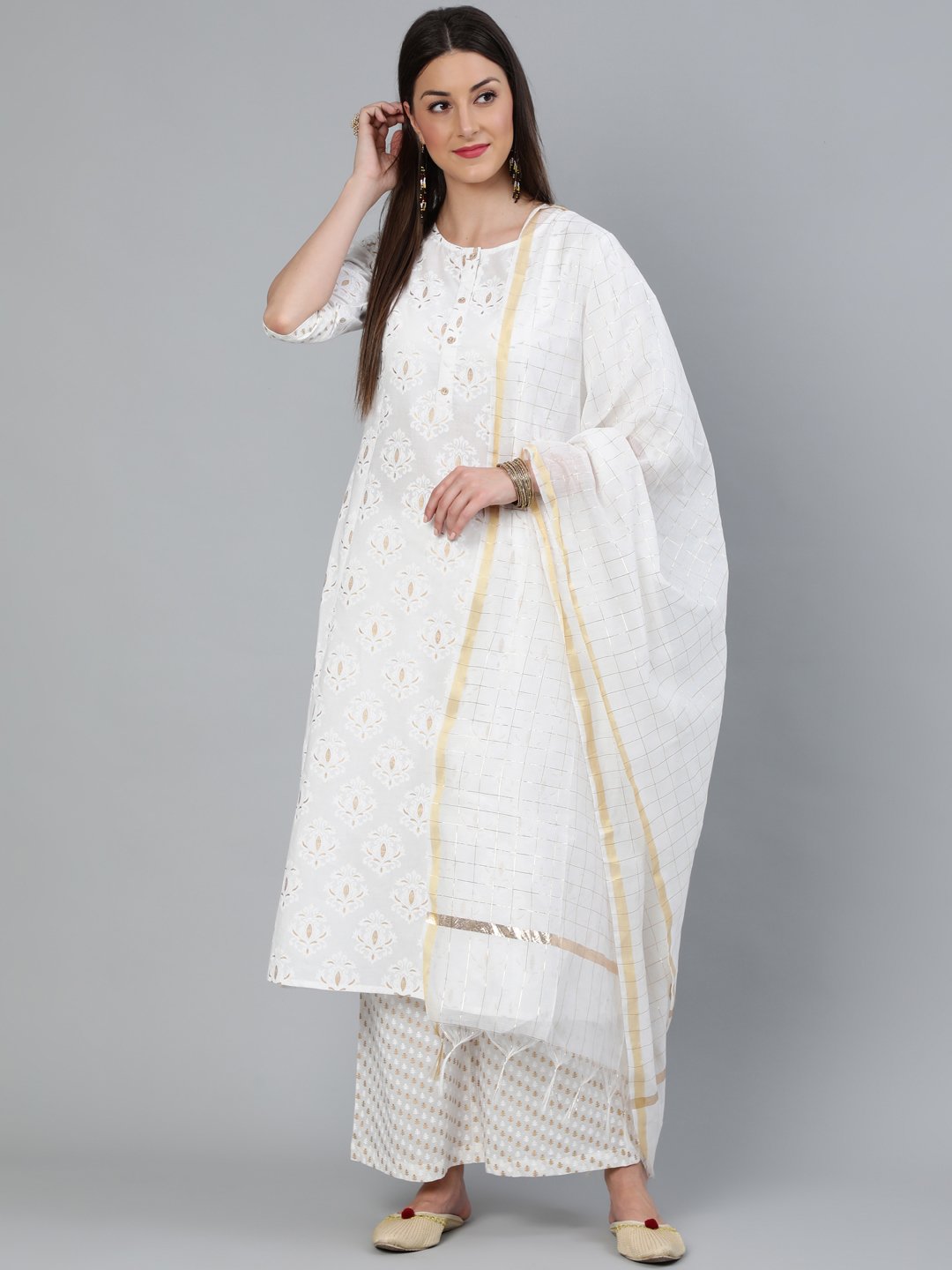 Women's Off-White & Gold Printed A-Line  Kurta With Plazzo & Dupatta