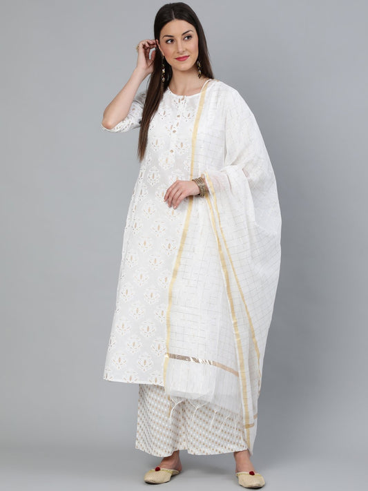 Women's Off-White & Gold Printed A-Line  Kurta With Plazzo & Dupatta