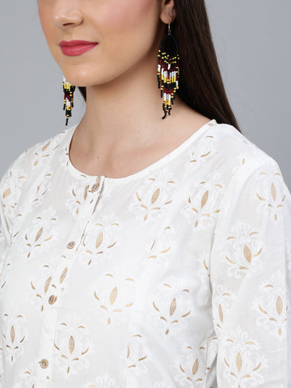 Women's Off-White & Gold Printed A-Line  Kurta With Plazzo & Dupatta