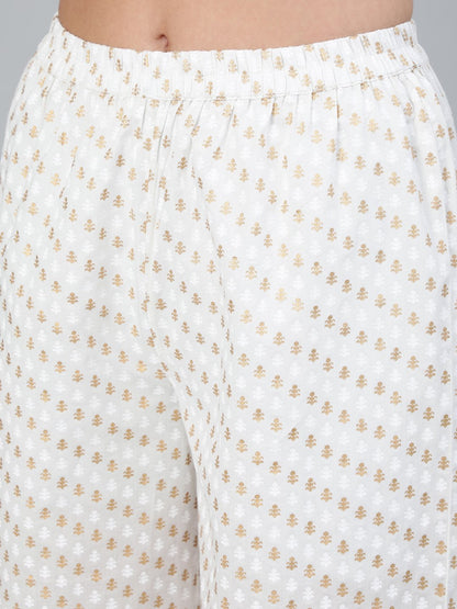 Women's Off-White & Gold Printed A-Line  Kurta With Plazzo & Dupatta