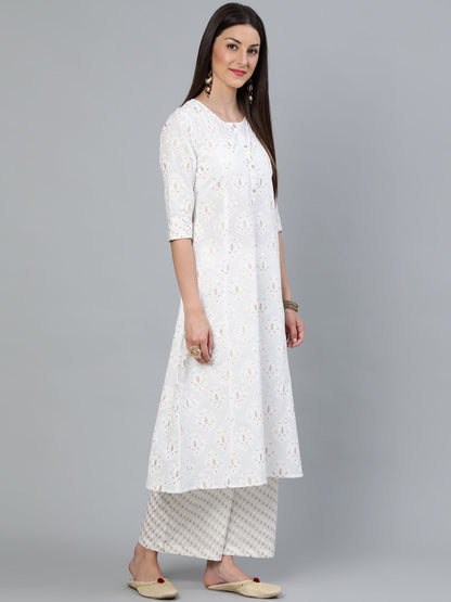 Women's Off-White & Gold Printed A-Line  Kurta With Plazzo & Dupatta