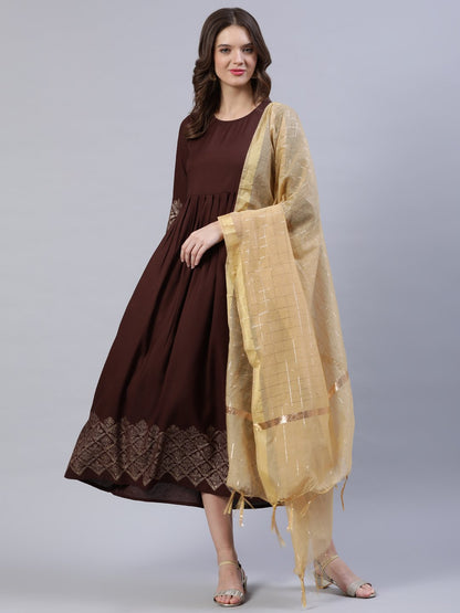 Women's Brown Block Printed Dress With Chanderi Dupatta