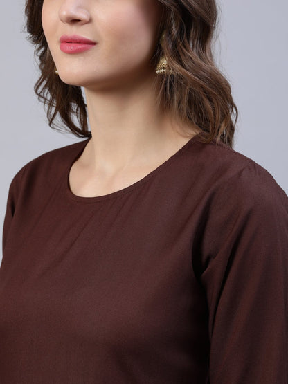 Women's Brown Block Printed Dress With Chanderi Dupatta