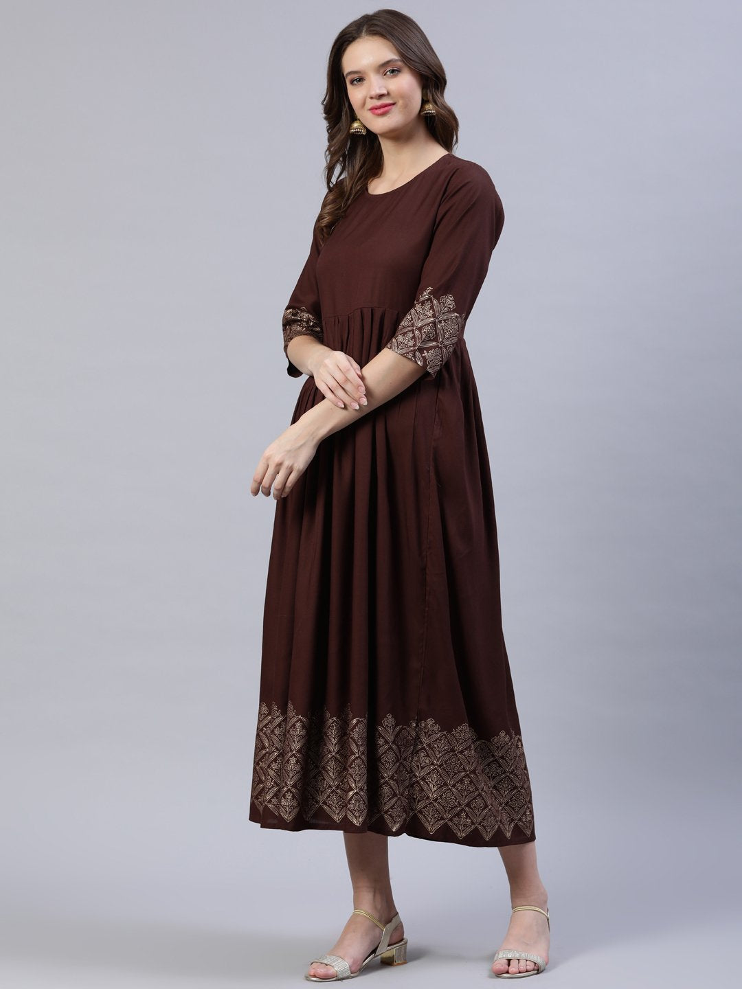 Women's Brown Block Printed Dress With Chanderi Dupatta