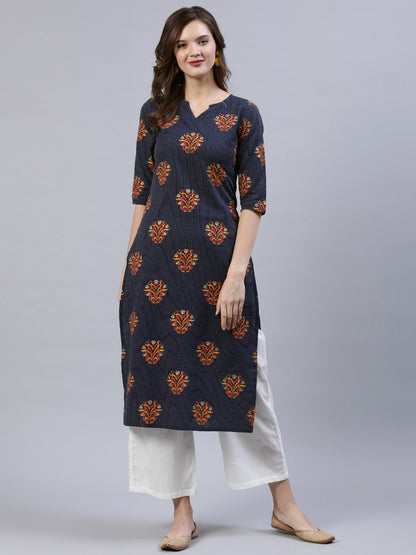 Women's Navy Blue Printed Straigh Kurta With Plazzo