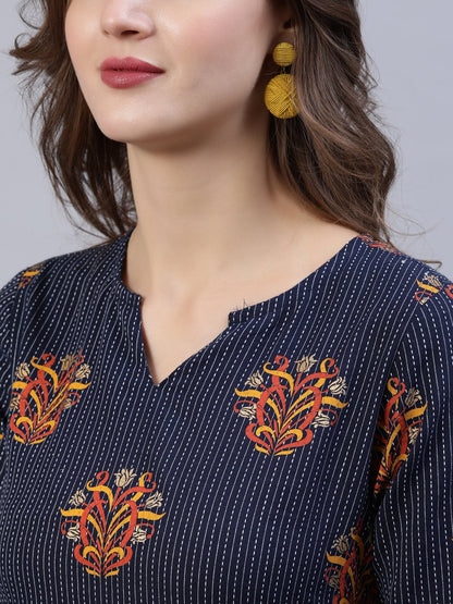 Women's Navy Blue Printed Straigh Kurta With Plazzo