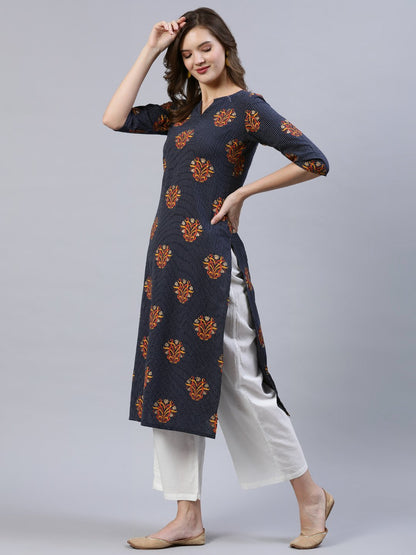 Women's Navy Blue Printed Straigh Kurta With Plazzo