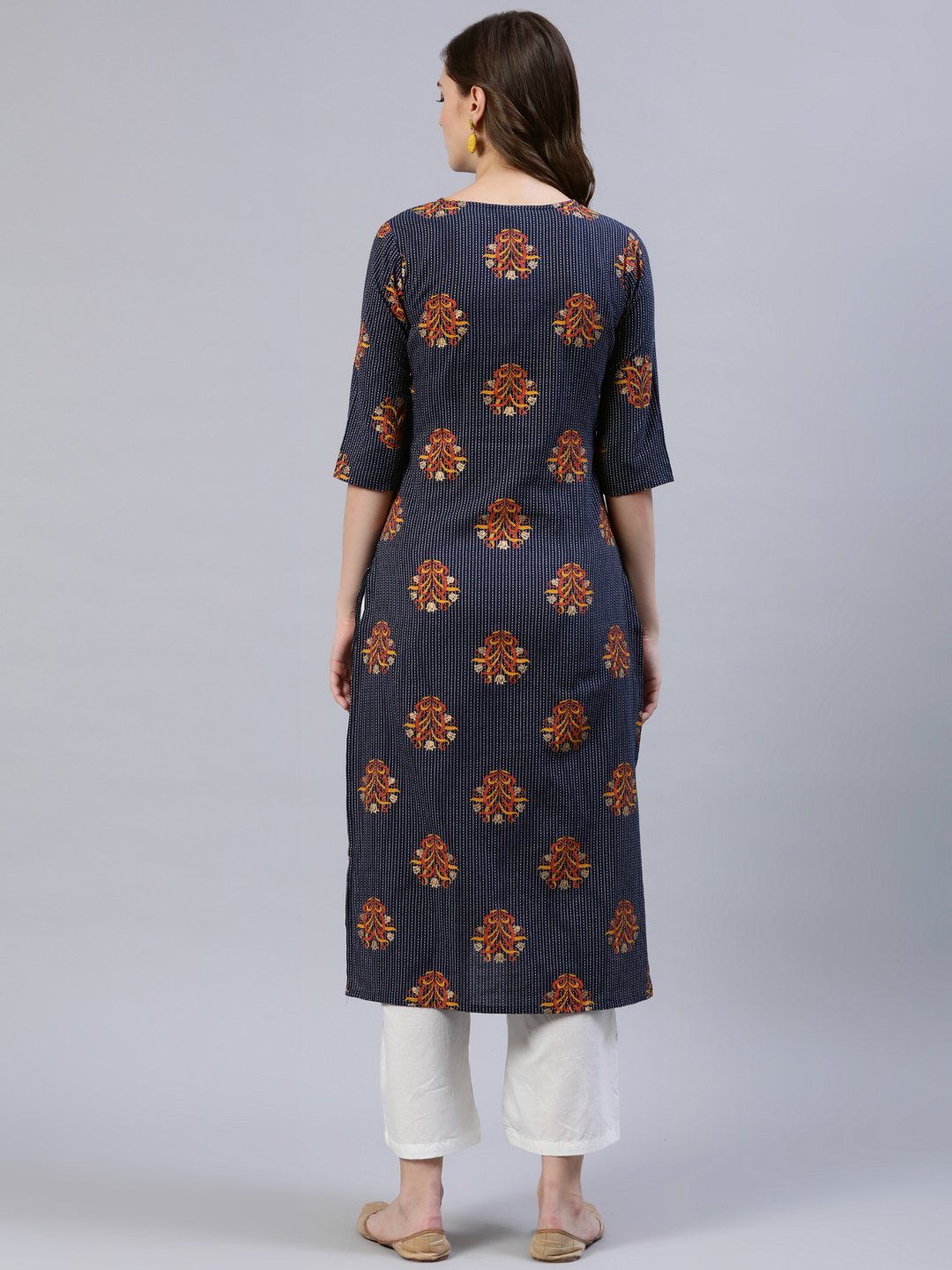 Women's Navy Blue Printed Straigh Kurta With Plazzo