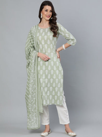 Women's Sage Green & Off-White Printed Straight Kurta With Plazzo  & Dupatta
