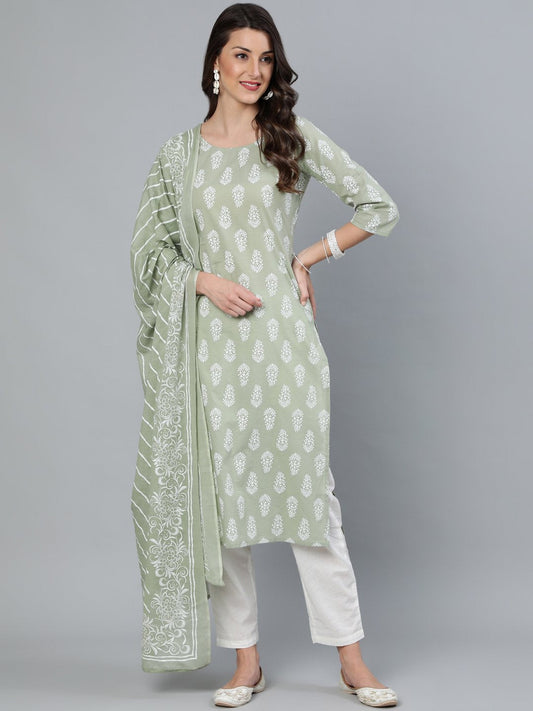 Women's Sage Green & Off-White Printed Straight Kurta With Plazzo  & Dupatta