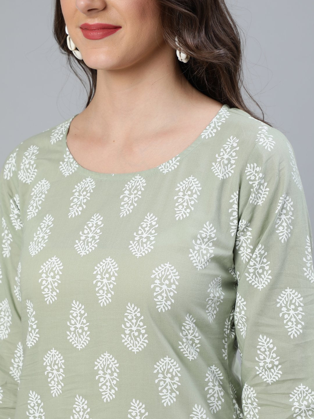 Women's Sage Green & Off-White Printed Straight Kurta With Plazzo  & Dupatta