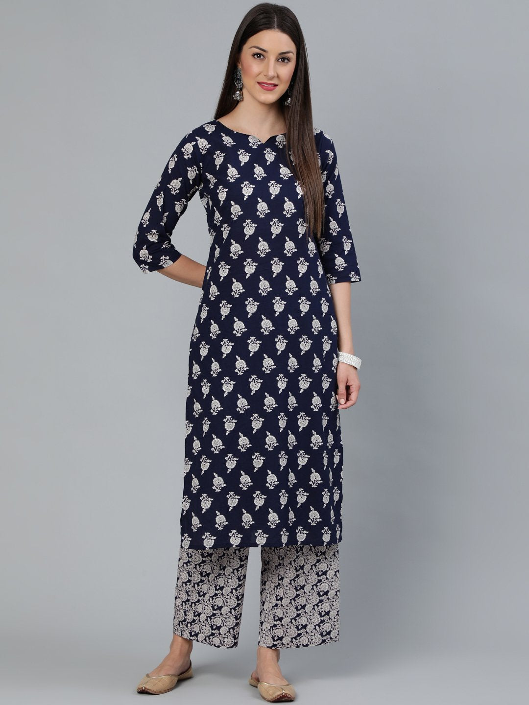 Women's Navy Blue Floral Printed Straight Kurta With Plazo