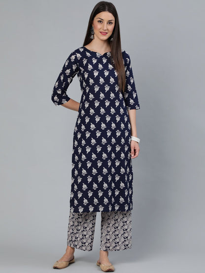 Women's Navy Blue Floral Printed Straight Kurta With Plazo