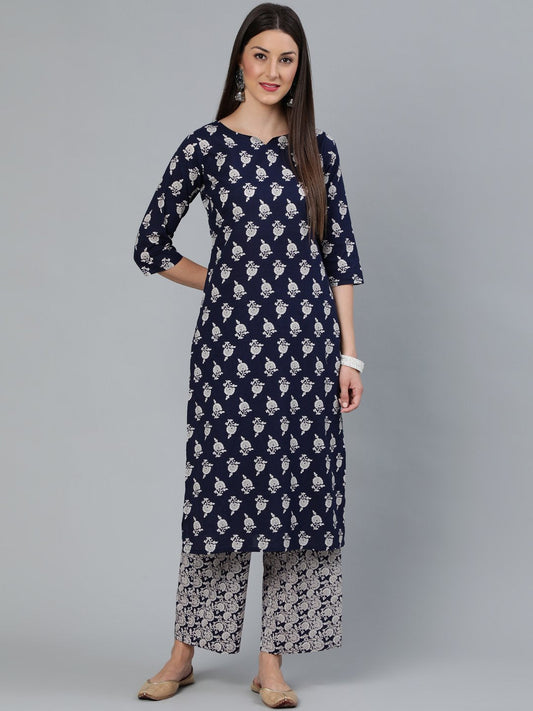 Women's Navy Blue Floral Printed Straight Kurta With Plazo