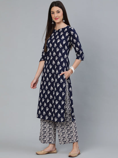 Women's Navy Blue Floral Printed Straight Kurta With Plazo