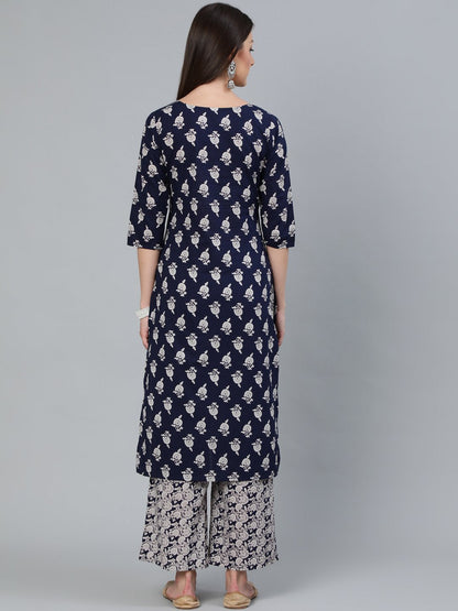 Women's Navy Blue Floral Printed Straight Kurta With Plazo