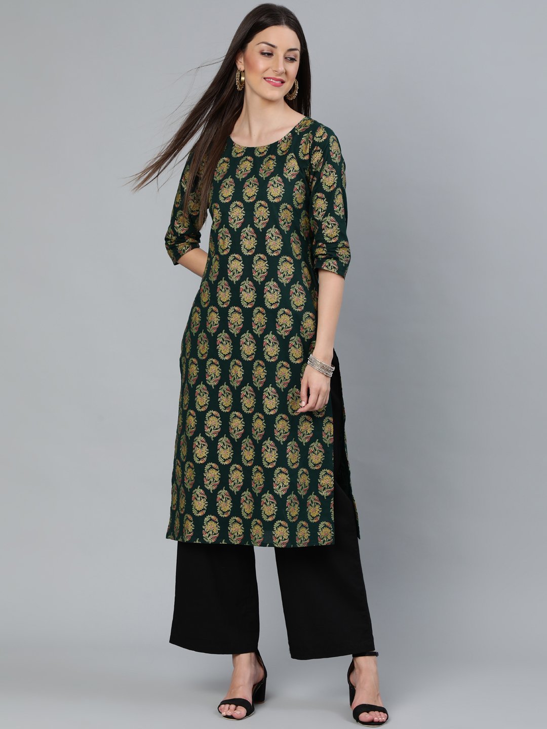 Women's Dark Green & Gold Printed Straight Kurta With Round Neck & Three Qauter Sleeves