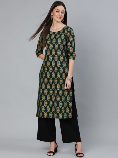 Women's Dark Green & Gold Printed Straight Kurta With Round Neck & Three Qauter Sleeves