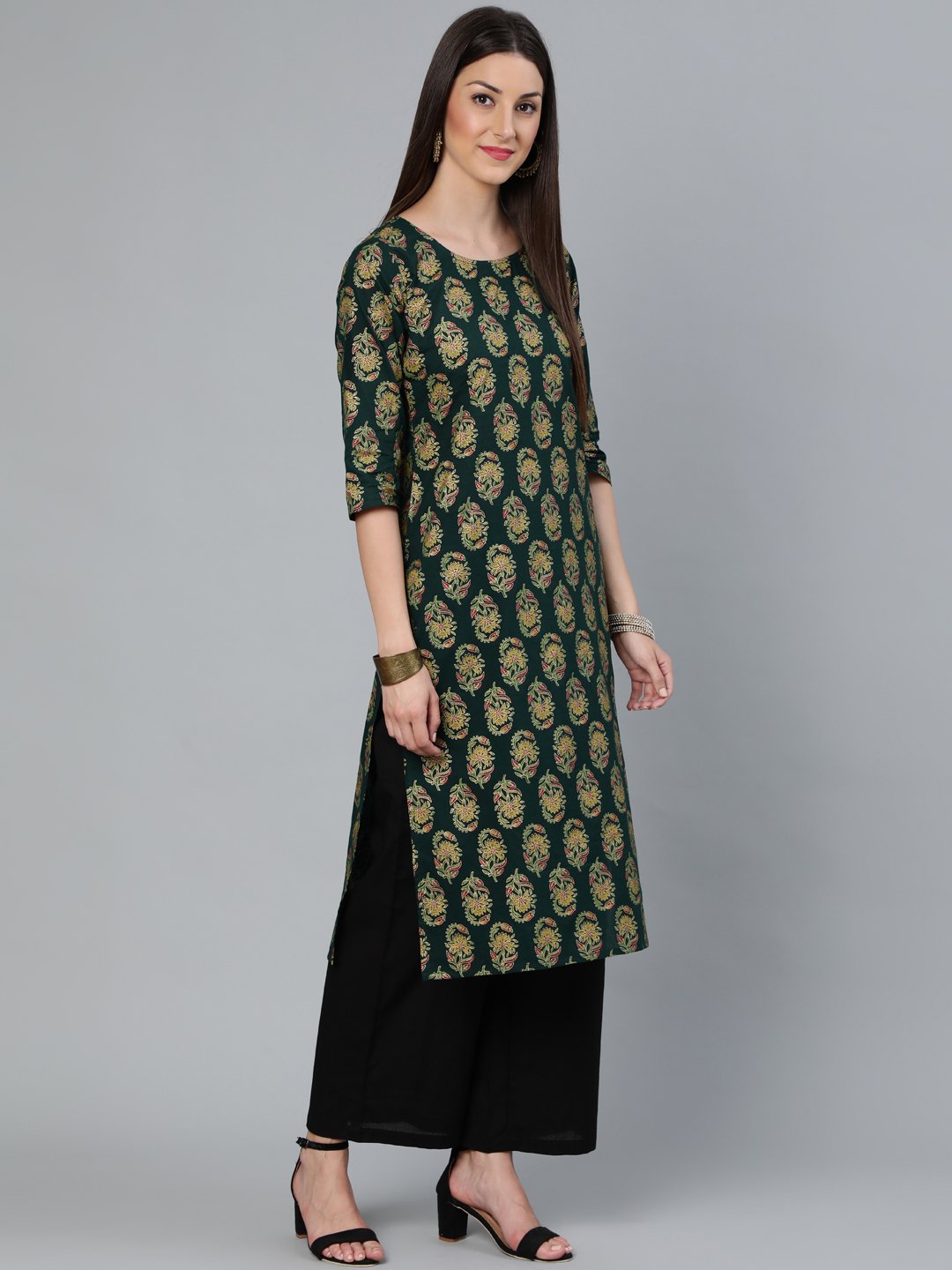 Women's Dark Green & Gold Printed Straight Kurta With Round Neck & Three Qauter Sleeves