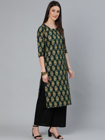Women's Dark Green & Gold Printed Straight Kurta With Round Neck & Three Qauter Sleeves