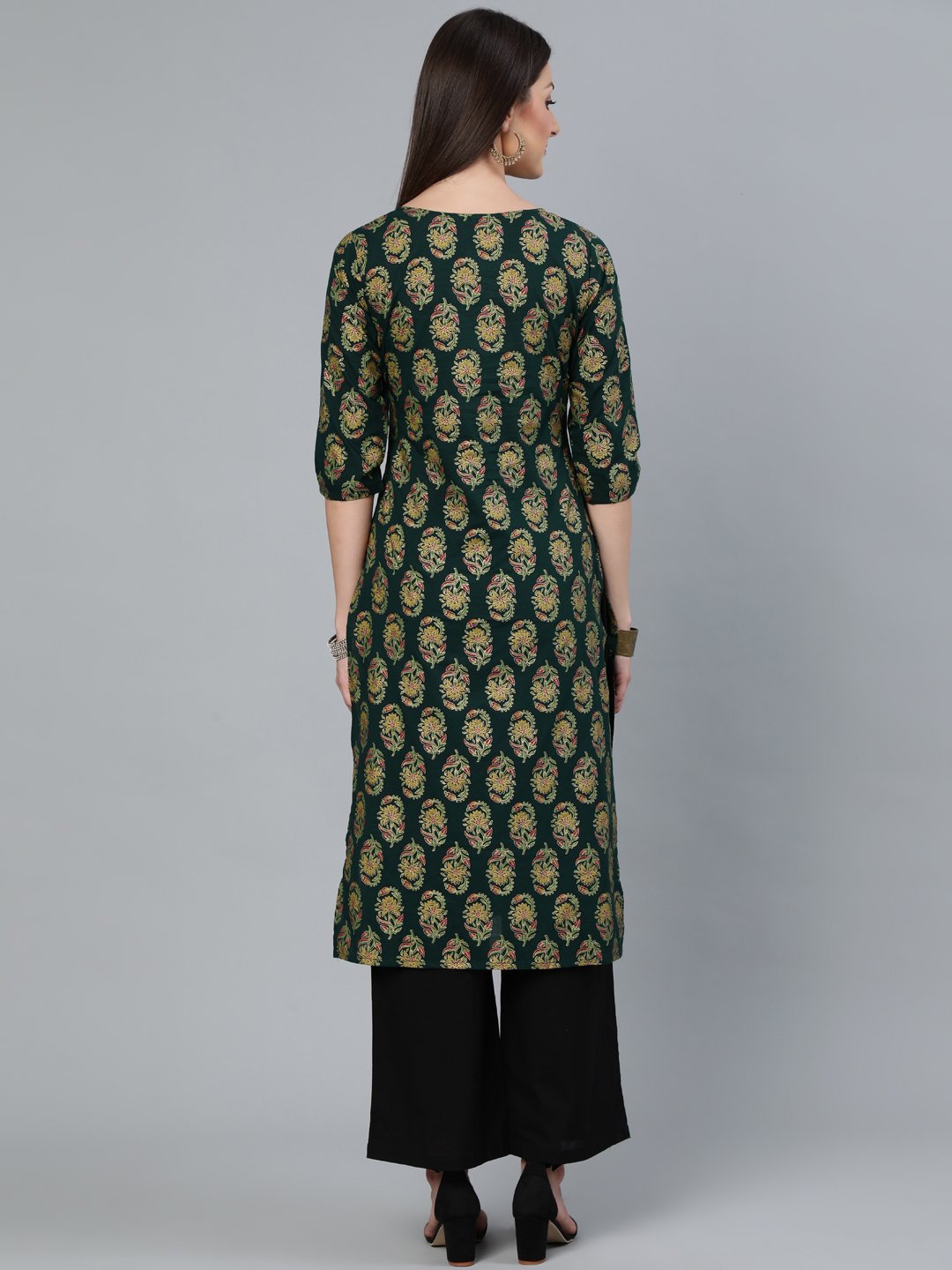 Women's Dark Green & Gold Printed Straight Kurta With Round Neck & Three Qauter Sleeves